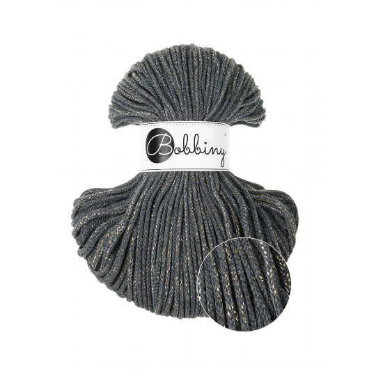 Ball of gray yarn with a Bobbiny label on a white background
