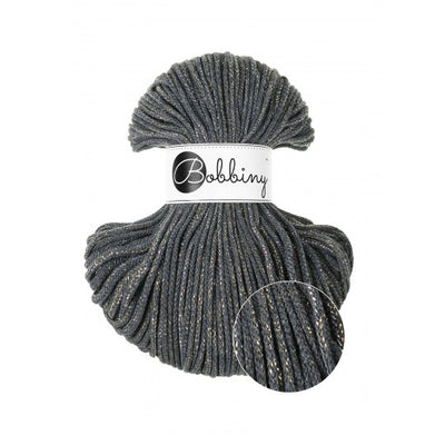 Ball of gray yarn with a Bobbiny label on a white background