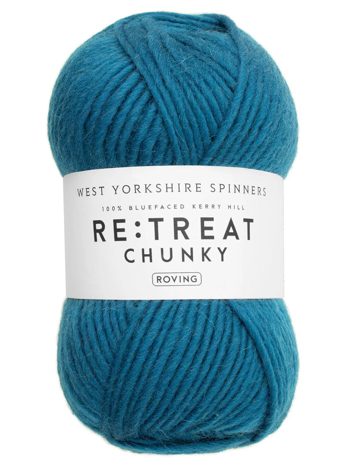 Blue skein of yarn with a label on a white background