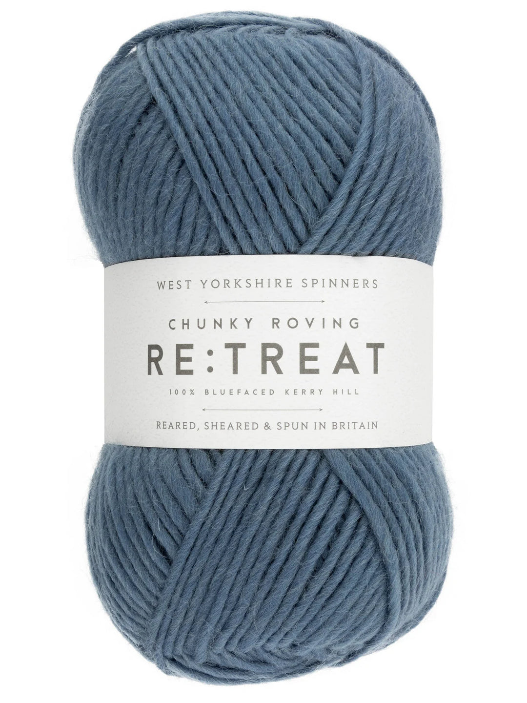 Blue skein of yarn with a label on a white background