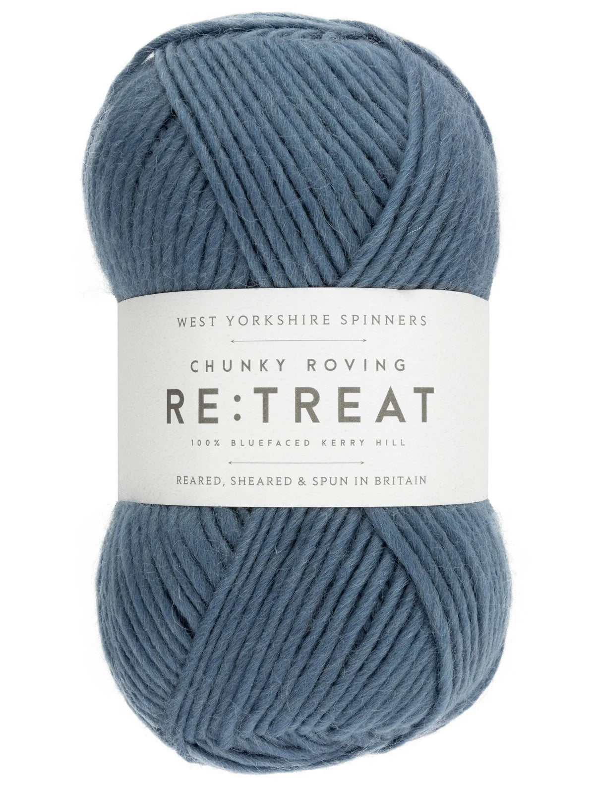 Blue skein of yarn with a label on a white background