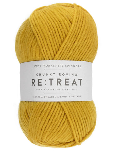 Yellow skein of yarn with a label on a white background