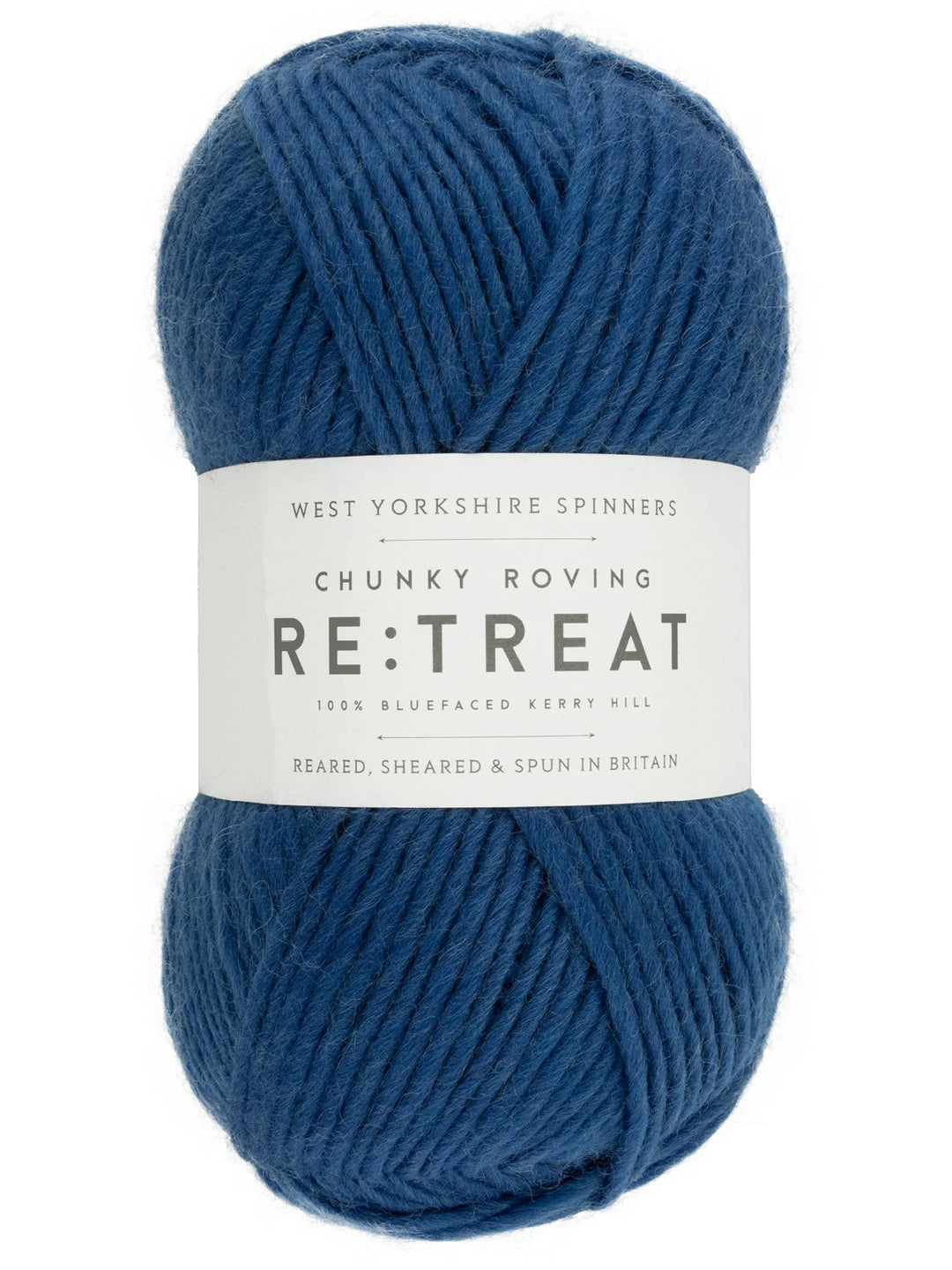 Blue skein of yarn with a label on a white background