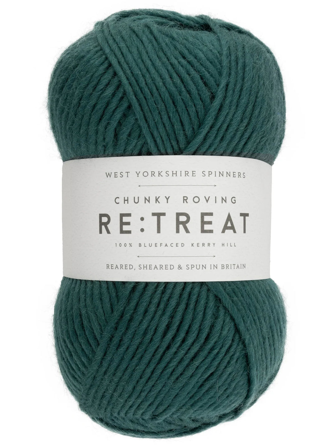 Teal skein of yarn with a label on a white background