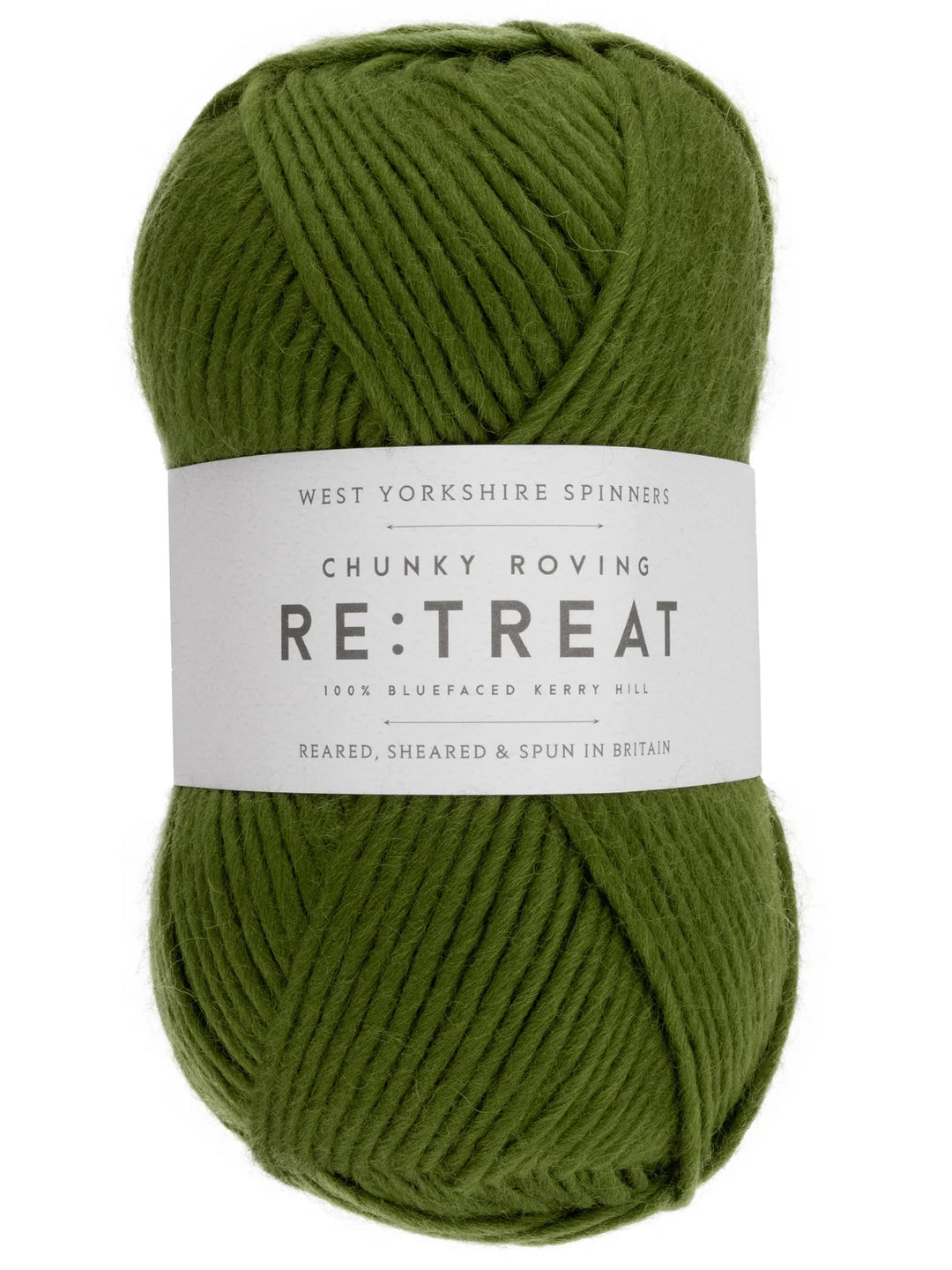 Green skein of yarn with a label on a white background