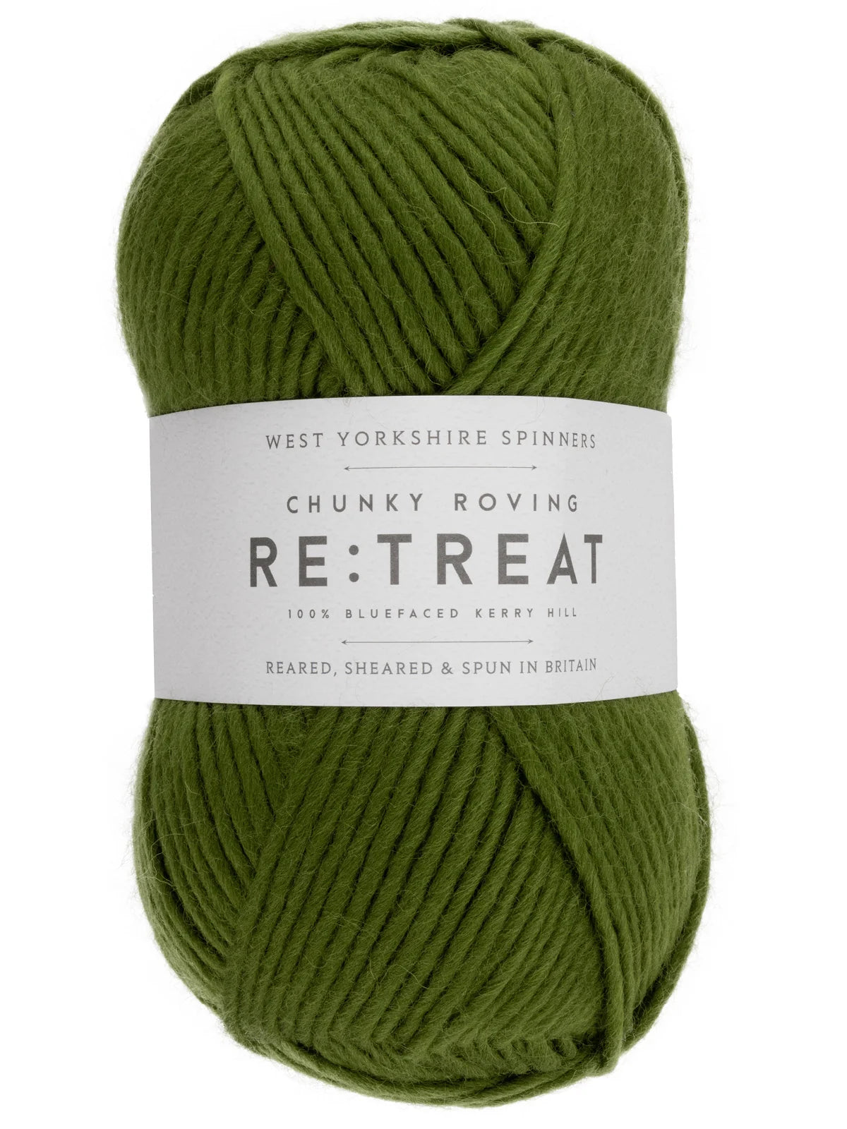 Green skein of yarn with a label on a white background